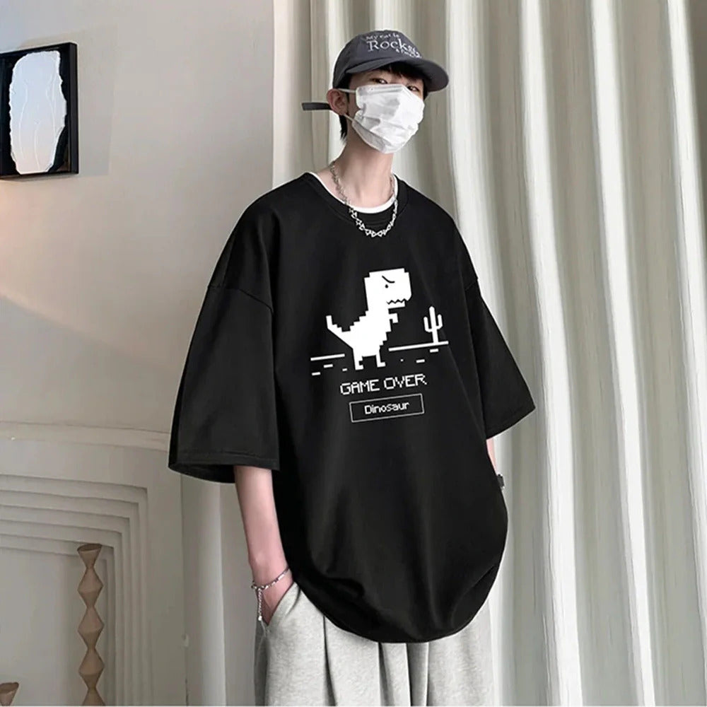 GAME OVER Dinosaur Print Oversized T-Shirt 👕 | Trendy Korean Streetwear | Unisex S-XXXL