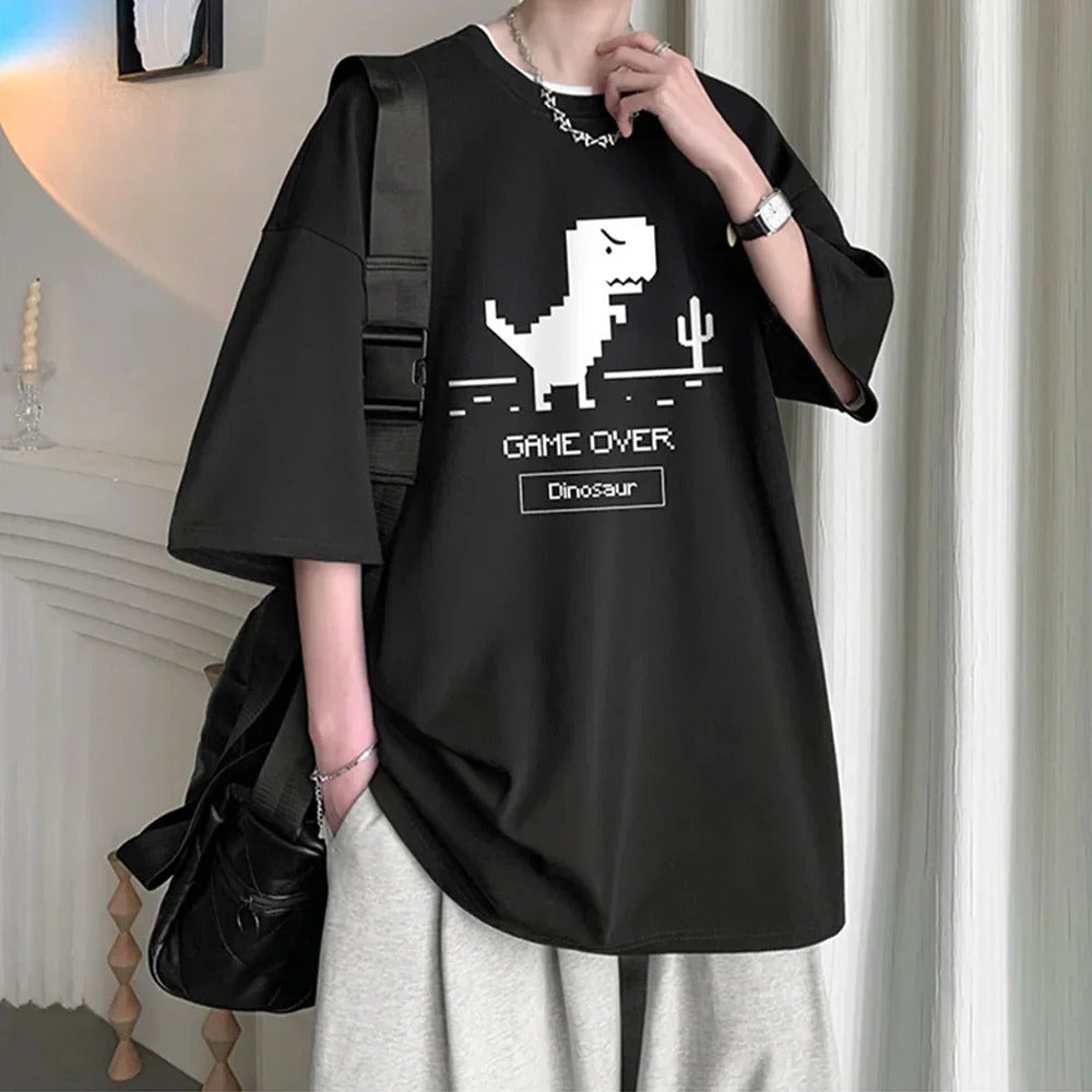 GAME OVER Dinosaur Print Oversized T-Shirt 👕 | Trendy Korean Streetwear | Unisex S-XXXL