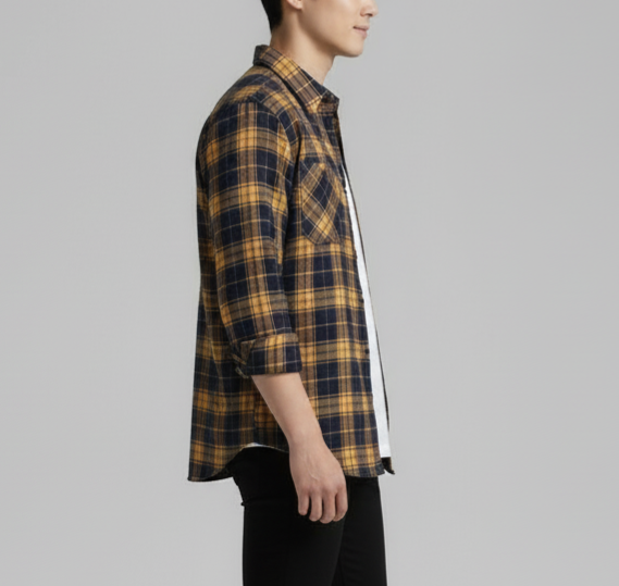 The Rugged Plaid Flannel Shirt - Mustard & Navy