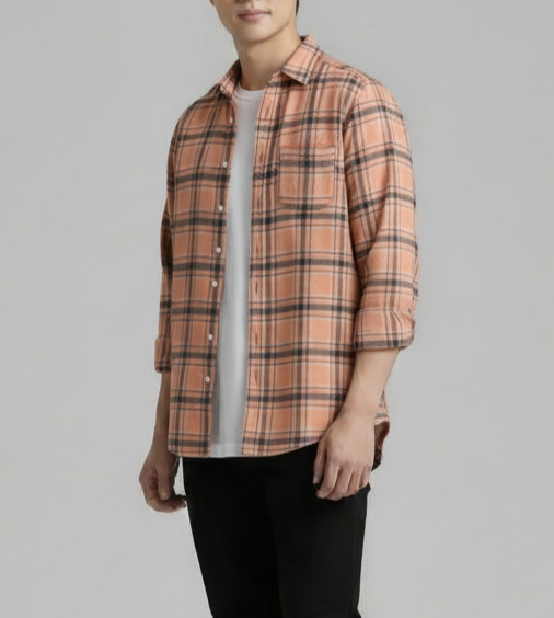 Peach & Navy Premium Check Shirt – S to XXL (Soft Flannel Look • Overshirt Style)
