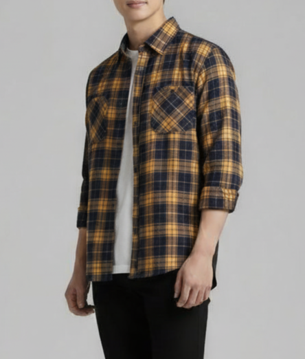 The Rugged Plaid Flannel Shirt - Mustard & Navy