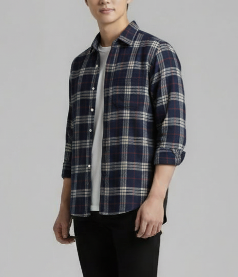 Navy & White Check Flannel Shirt (Red Pinstripe)