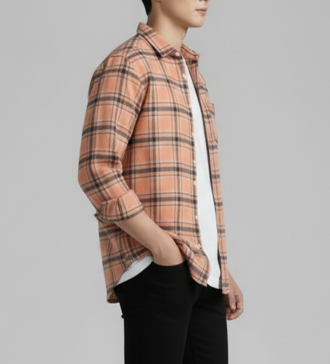 Peach & Navy Premium Check Shirt – S to XXL (Soft Flannel Look • Overshirt Style)