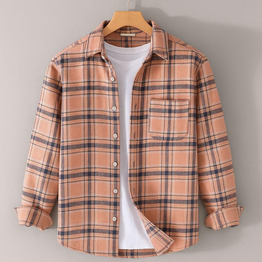 Peach & Navy Premium Check Shirt – S to XXL (Soft Flannel Look • Overshirt Style)